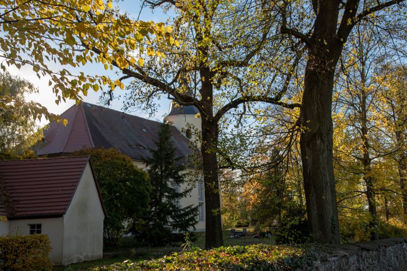 Außenansicht der Kirche mit großen Bäumen auf Friedhof in Wachau